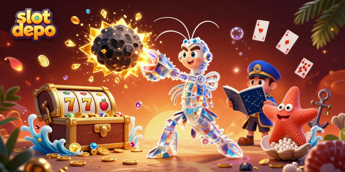 Experience thrilling slots at slot depo with a vibrant galactic scene featuring animated characters, treasure, and winning elements.