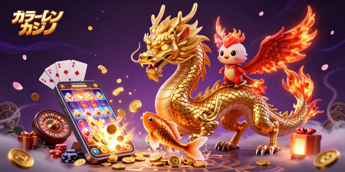 オンラインカジノの魅力を表現したイラスト、スロットゲームやコインの中でのドラゴンとフェニックス。