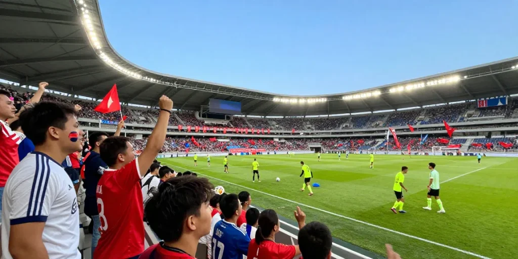 Exciting kora live soccer match scene with enthusiastic fans cheering in stadium.