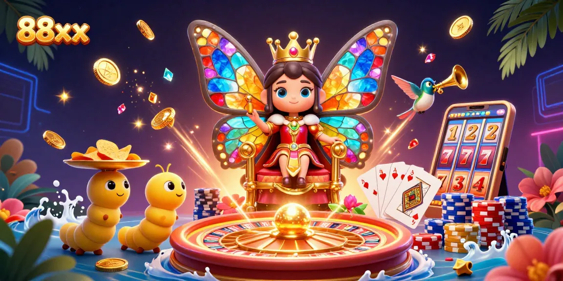 Spin the reels with 88xx as the butterfly queen presides over a vibrant casino scene.