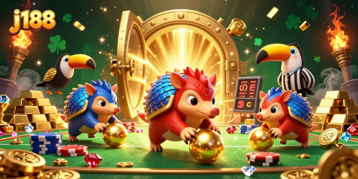 Experience vibrant j188 casino action with cartoon pangolins in a glittering atmosphere.