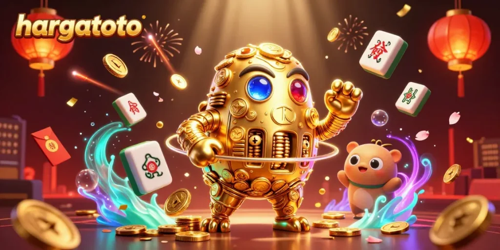 Experience thrilling gaming action with hargatoto, featuring a golden golem amidst vibrant casino elements.