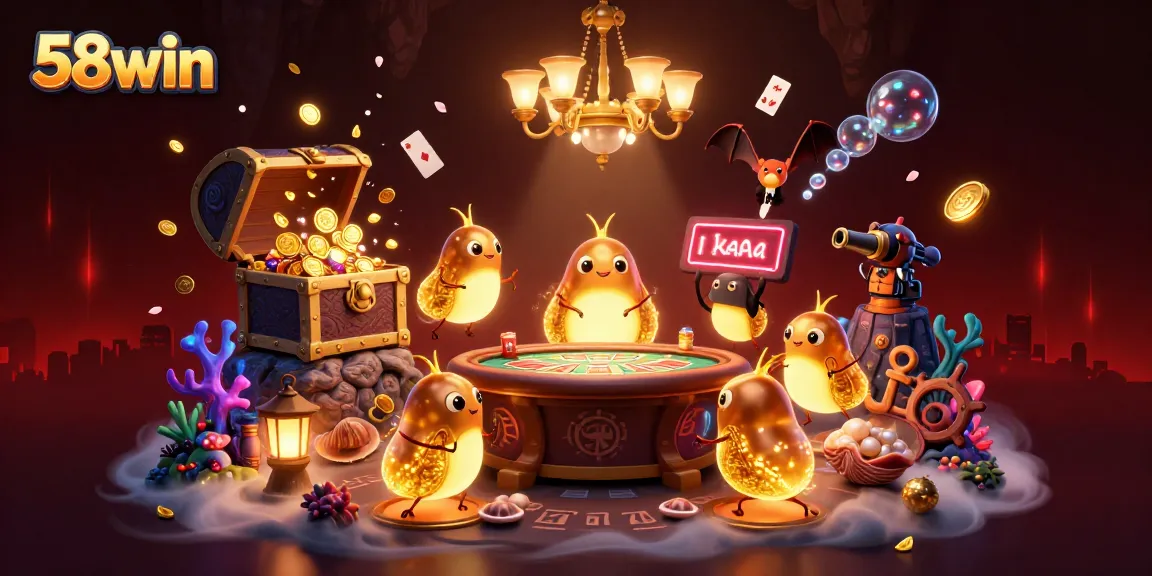 Engage with 58win's dynamic casino scene featuring glowworms, treasures, and vibrant lighting.