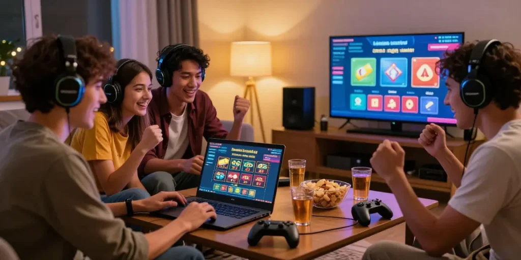 Exciting group of friends playing at credit card casinos together with laptop, snacks, and drinks.
