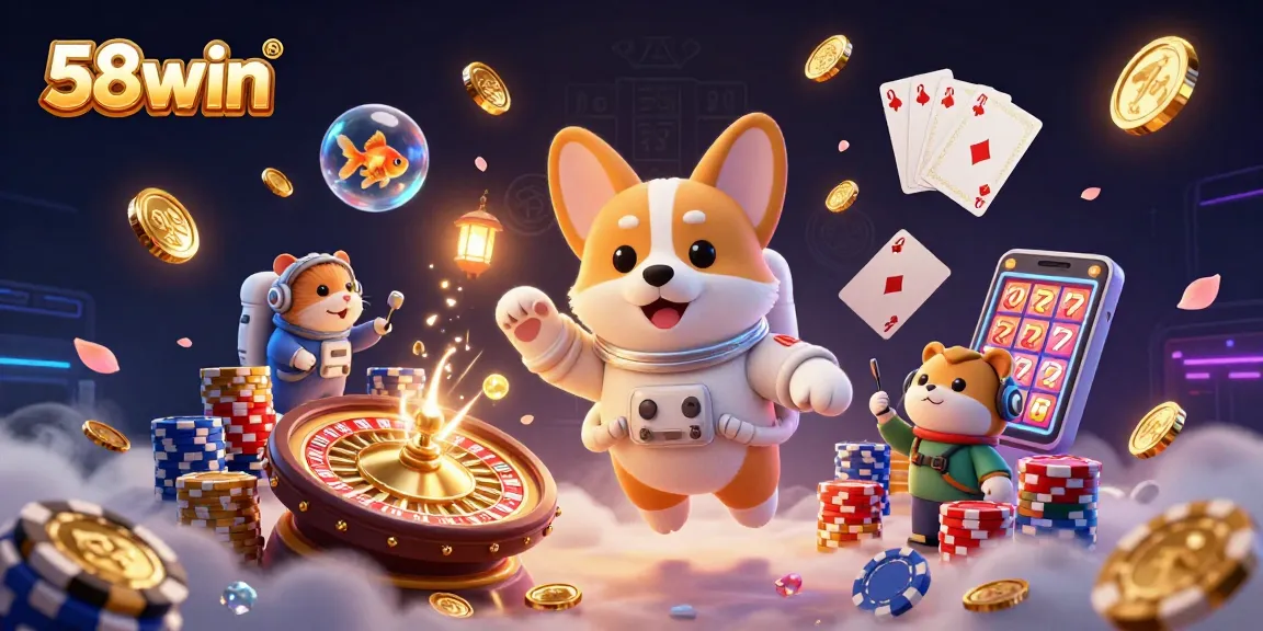 Experience 58win's exciting casino world in vibrant 3D, filled with floating chips and cartoon characters.