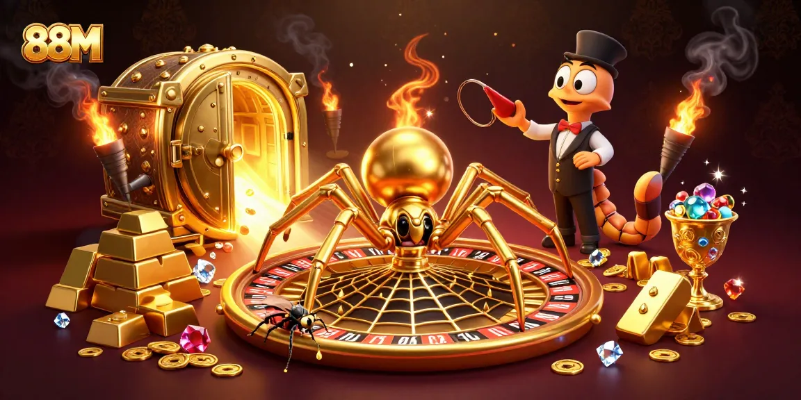88M players aim for jackpots while a golden spider spins a roulette wheel in a dazzling casino scene.