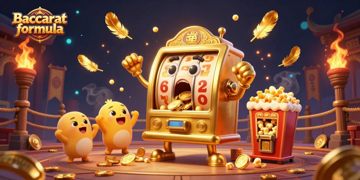 Baccarat formula illustrated in 3D, showcasing a golden slot machine jackpot with vibrant casino elements.