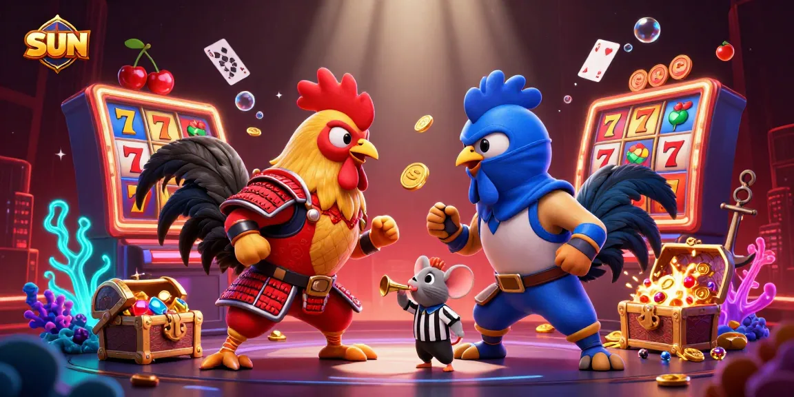 Sun-themed dynamic illustration showcasing an intense showdown between cartoon samurai and ninja roosters amidst casino elements.