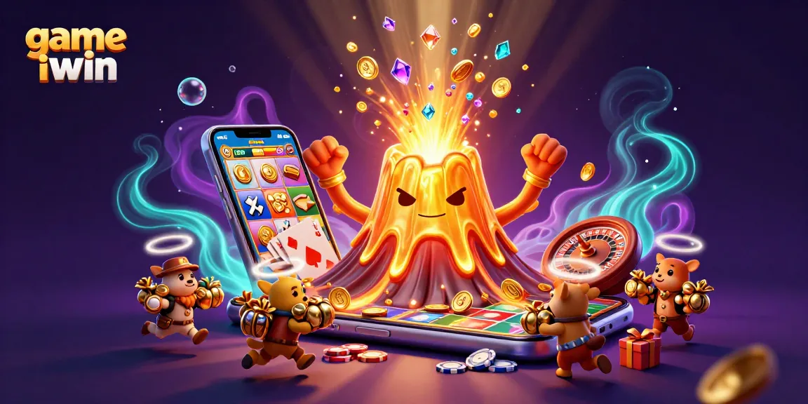 Engage in the thrilling game iwin with a golden volcano, exploring treasure and gaming excitement.