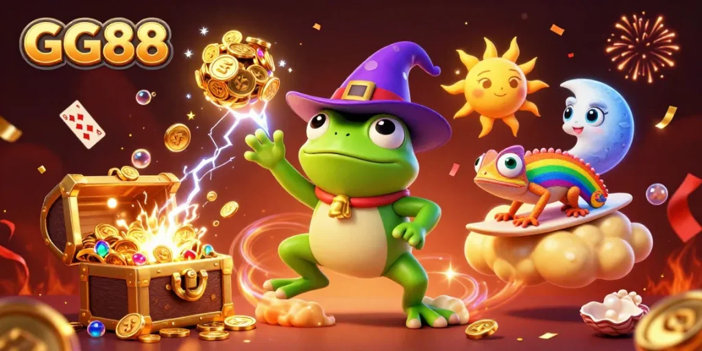 Experience fun with GG88 as a wizard frog conjures golden coins amidst a colorful casino scene.